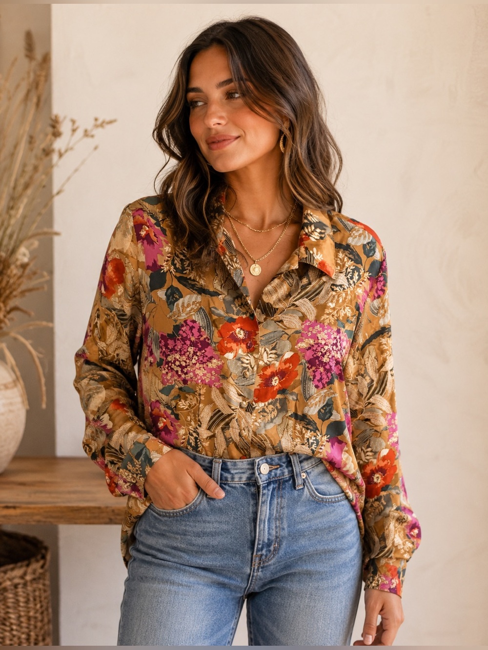 TESS 100% Silk Floral Blouse Size 6 Boho Botanical Button Front Shirt
